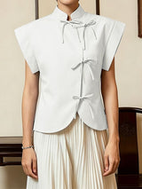 Men's Vintage Modern Chinese Slant Placket Tie-Knot Mandarin Collar Cap-Sleeve Shirt SKUL64088
