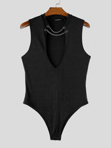 Men's Sexy Avant-Garde Nightclub Party Metal Chain Plunging Cutout Ribbed Bodysuit SKUL84567