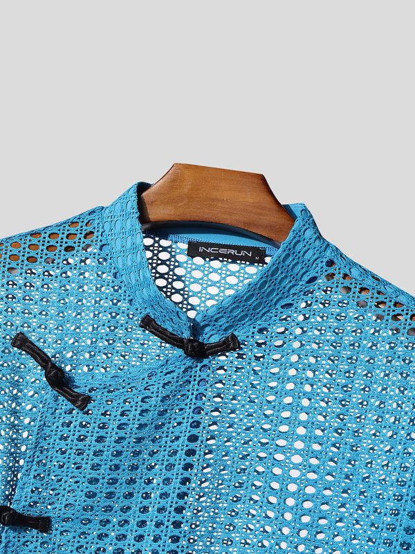 Men's Asymmetric Frog Button Hollow Out Short Sleeve Shirt SKUL56298