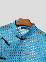 Men's Asymmetric Frog Button Hollow Out Short Sleeve Shirt SKUL56298
