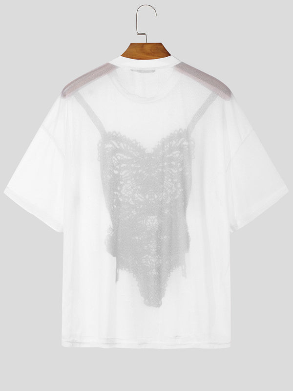 Mens Corset Print Semi-Sheer Short Sleeve T-Shirt SKUL13755