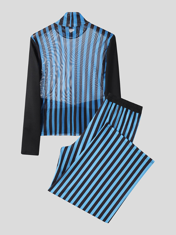 Men's Contrast Stripe Sheer Mesh Two Pieces Outfit SKUL25997