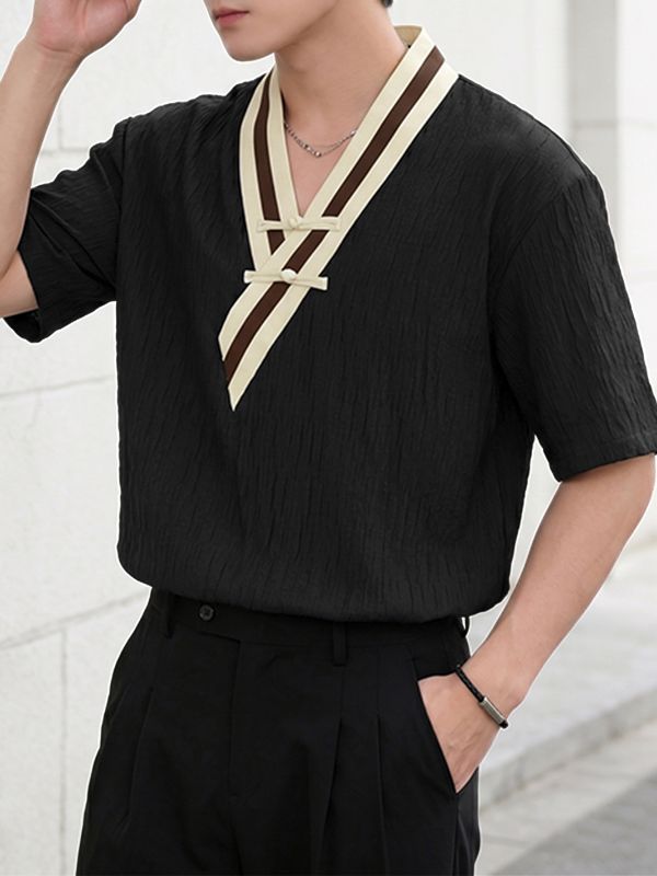 Men's Modern Neo-Chinese Cross V-Neck Frog Button Relaxed Short Sleeve Shirt SKUL60046