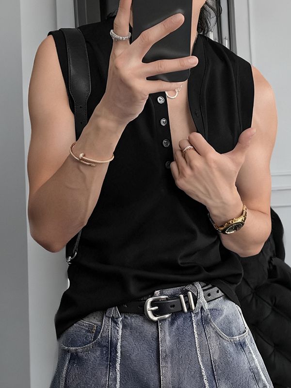 Men's Button Half Placket Knit Tank SKUL39022