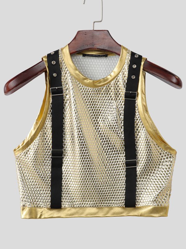 Men's Sexy Avant-Garde Metallic Mesh Suspenders Crop Tank SKUL63029