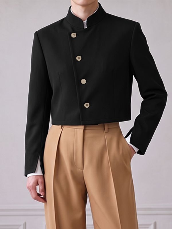 Men's Neo-Chinese Chic Evening Gala Asymmetric Slanted Button Stand Collar Cropped Blazer SKUL85479