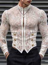 [Pre-order] Men's Sexy Dandy Evening Gala Floral Lace Zip Front Gold Button Pointed Hem Shirt SKUL89909