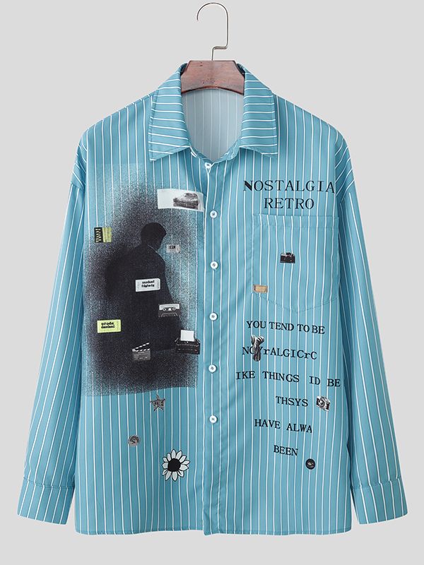 Men's Slogan Print Stripe Long Sleeve Shirt SKUL36405