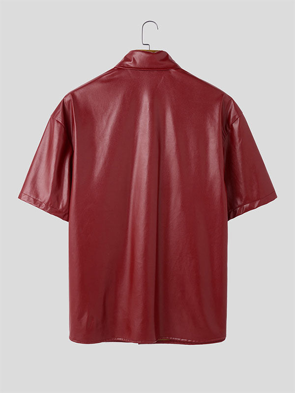 Mens Faux Leather Double Pocket Short Sleeve Shirt SKUL00890