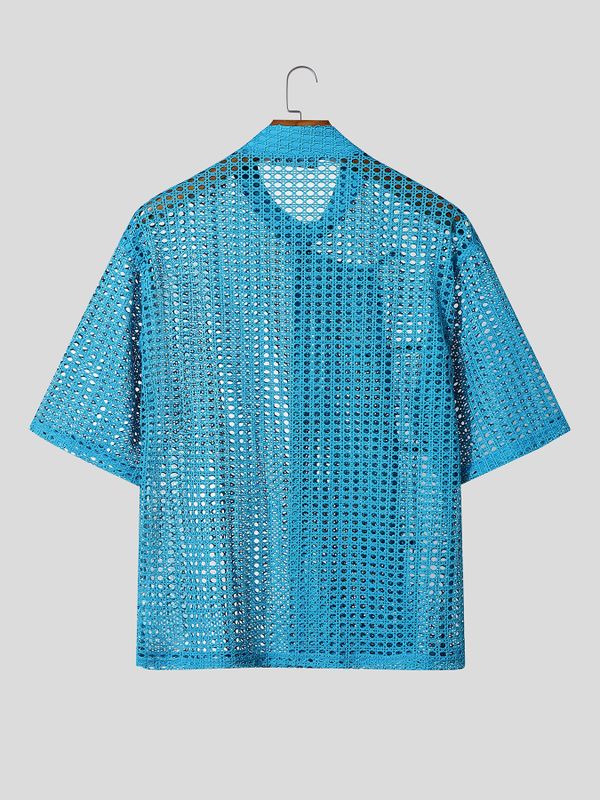 Men's Asymmetric Frog Button Hollow Out Short Sleeve Shirt SKUL56298