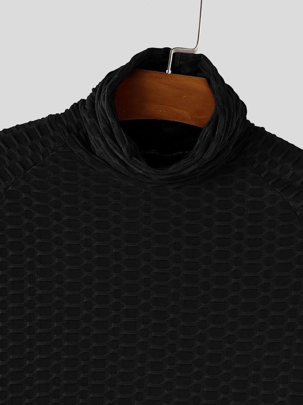 Men's Sexy Clubwear 3D Honeycomb Textured Muscle Fit Raglan Long Sleeve Turtleneck T-shirt SKUL83140