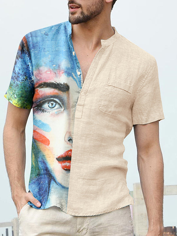 Mens Abstract Face Print Patchwork Henley Shirt SKUK16265