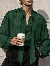 Men's Gothic Victorian Sheer Chiffon Tie Neck Lantern Sleeve Loose Shirt SKUL76758