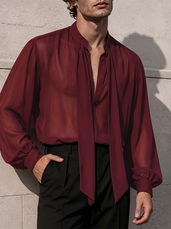 Men's Gothic Victorian Sheer Chiffon Tie Neck Lantern Sleeve Loose Shirt SKUL76758