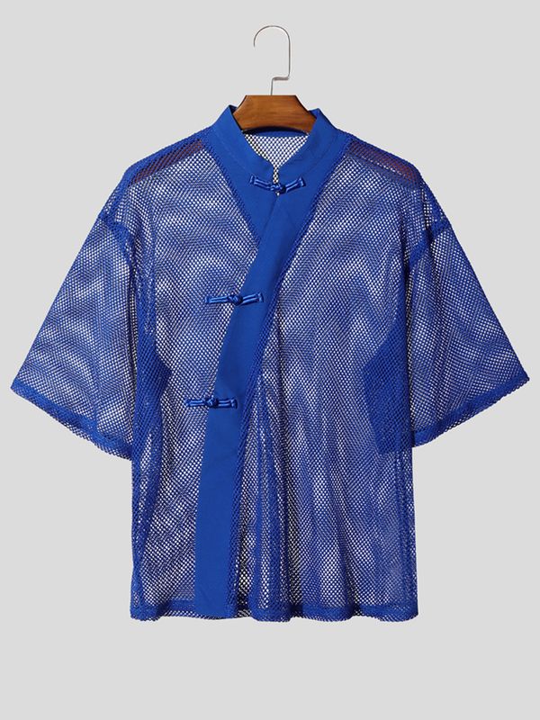 Men's Sheer Mesh Frog Button Half Sleeve Cardigan SKUL55372
