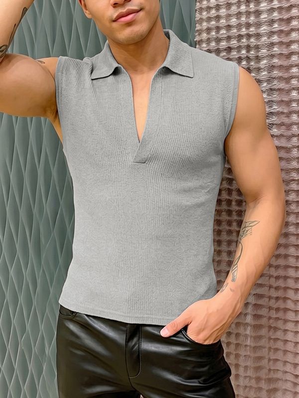 Men's Avant-Garde Retro Open Placket Deep V-Neck Ribbed Fitted Sleeveless Polo Tank SKUL73668