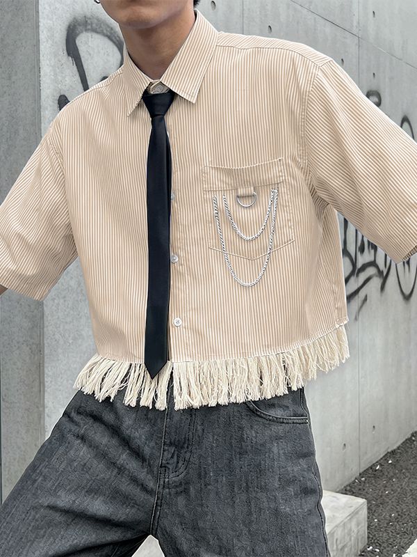 Men's Metal Chain Detail Fringe Patchwork Shirt SKUL54652