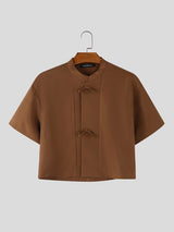 Men's New Chinese Style Frog Button Cropped Short Sleeve Shirt SKUL55599