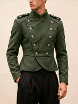 Men's Retro Party Double-Breasted Military Button Epaulet Long Sleeve Stand Collar Jacket SKUL80461