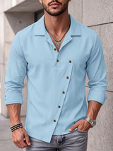 Men's Early Autumn Urban Casual Side Slanted Button Up Clean Fit Long Sleeve Lapel Collar Shirt SKUL81844