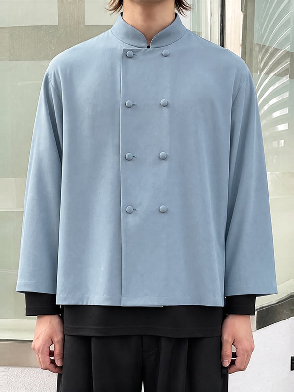 [Pre-order] Men's Neo-Chinese Chic Daily Commute Covered Button Straight Hem Cropped Shirt SKUL88544