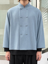 [Pre-order] Men's Neo-Chinese Chic Daily Commute Covered Button Straight Hem Cropped Shirt SKUL88544
