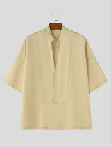 Men's Vintage Casual Contrast Stitching Deep V Neck Short Sleeve Shirt SKUL63973