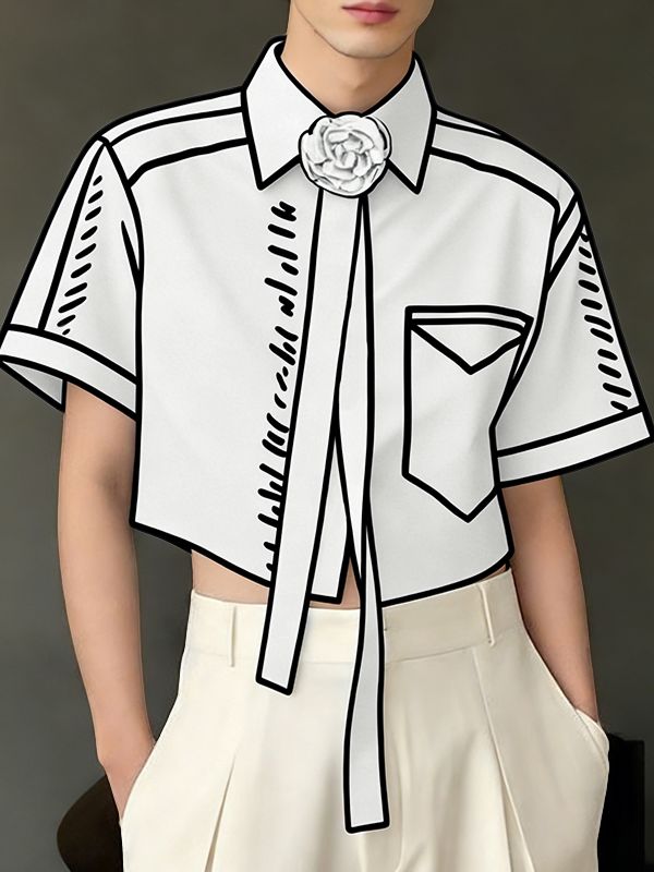 Men's Trendy 2D Comic Style Rose Tie Ribbon Cropped Short Sleeve Shirt SKUL55275