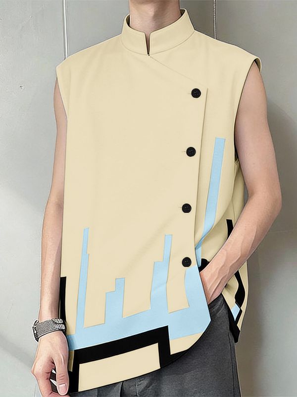 Men's Cyberpunk Pixel Geometric Block Asymmetric Diagonal Button Stand Collar Sleeveless Shirt SKUL61095
