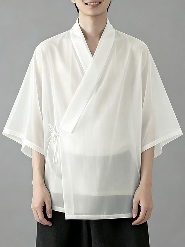 Men's New Chinese Style Relaxed Sheer Mesh Crossover Wrap Cardigan SKUL62034
