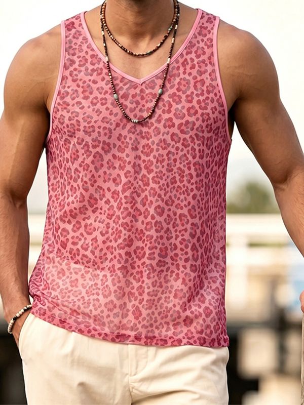 Men's Sexy Resort Leopard Print Contrast Trim V-Neck Tank SKUL73710
