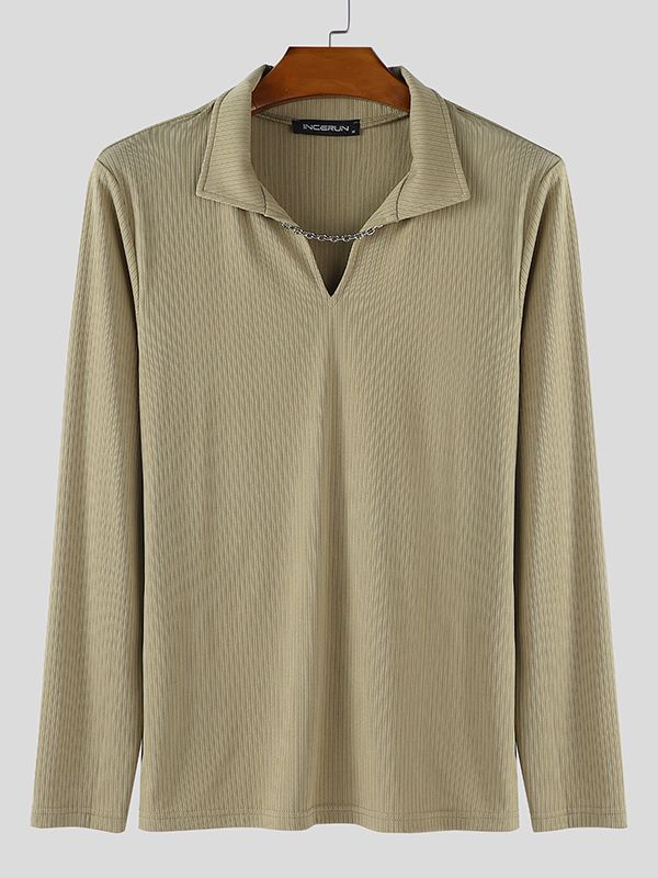 Men's Solid Color Textured Metal Chain Long Sleeve T-Shirt SKUL35274