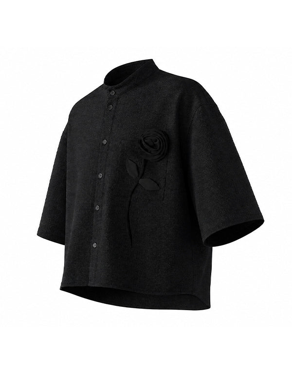 Men's Vintage Modern Chinese Mandarin Collar 3D Applique Rose Cropped Short Sleeve Shirt SKUL73660