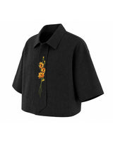 Men's Romantic Avant-Garde Sunflower Embroidered Drop Shoulder Half Sleeve Shirt SKUL78943
