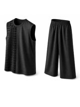 Men's Avant-Garde High Street Half-Sided Grid Hollow Cutout Two Pieces Outfit SKUL74797