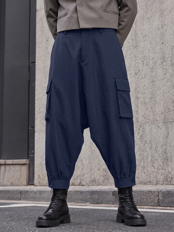Men's Avant-Garde Deconstructed Stage Runway Drop-Crotch Pleated Slit Hem Harem Pant SKUL86786