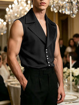 Men's Avant-Garde Tuxedo Lapel Satin Tailored Sleeveless Shirt SKUL62973