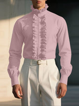 Men's Solid Color Ruffle Patchwork Long Sleeve Shirt SKUL42549