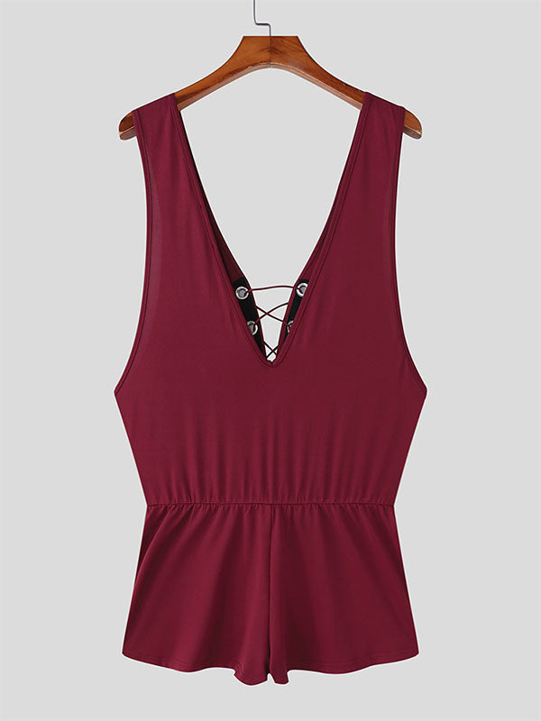 Mens Drawstring Knit Tie-Strap Sleeveless Bodysuit SKUL14199