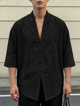 Men's Avant-Garde Zen Deep V-Neck Paneled Boxy Shirt SKUL63976