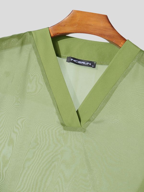Men's Unisex Avant-Garde Architectural Sheer Organza V-Neck Strong-Shoulder T-shirt SKUL60205
