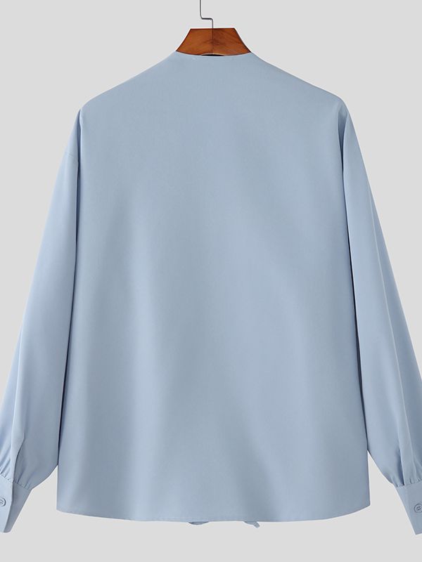 Men's Solid Color Ruffle Patchwork Long Sleeve Shirt SKUL42709