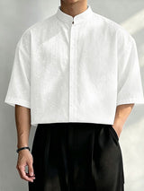 Men's Minimalist Floral Jacquard Stand Collar Cropped Short Sleeve Shirt SKUL75669