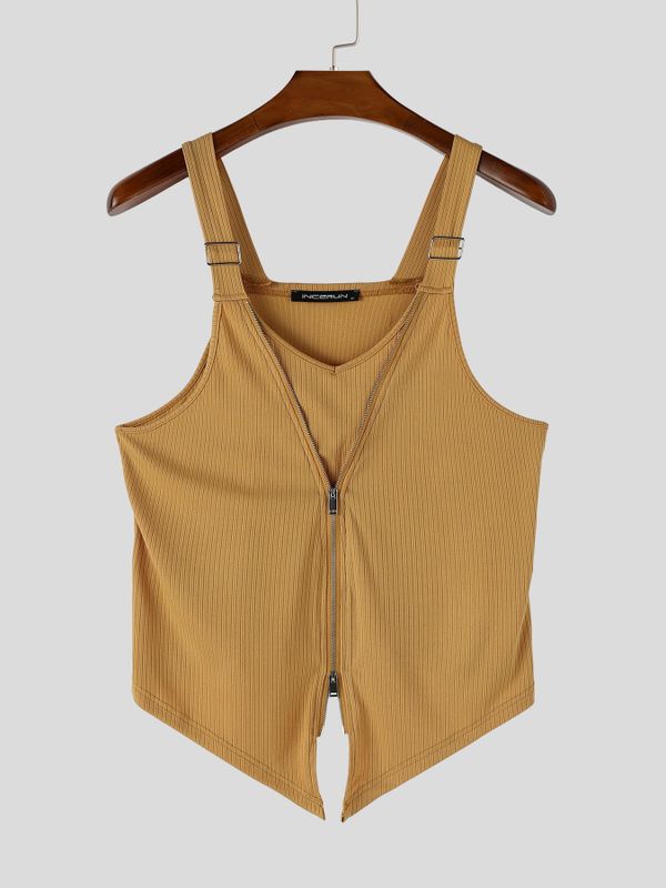 Men's Avant-Garde Ribbed Double-Zipper Buckle Strap Asymmetrical Hem Tank SKUL61891