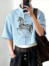 Men's New Chinese Style Horse Graphic Frog Button Cropped Shirt SKUL61179