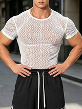 Men's Avant-Garde Geometric Open-Weave Mesh Muscle Fit Short Sleeve T-shirt SKUL72626