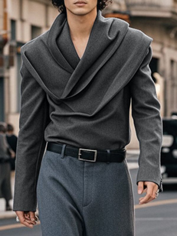 Men's Solid Color Draped Collar Long Sleeve Shirt SKUL36353