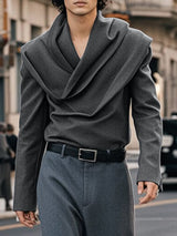 Men's Solid Color Draped Collar Long Sleeve Shirt SKUL36353