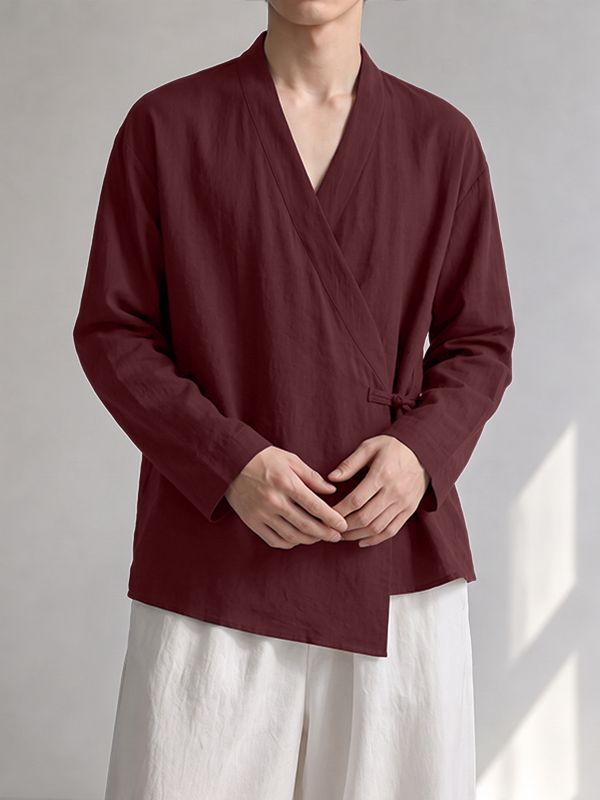 Men's Retro Resort Cross Wrap Asymmetrical Hem Side Button Long Sleeve V-Neck Cardigan SKUL77326