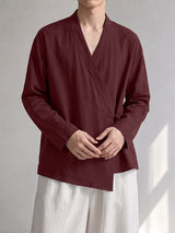 Men's Retro Resort Cross Wrap Asymmetrical Hem Side Button Long Sleeve V-Neck Cardigan SKUL77326